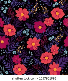 Patrón floral sin fisuras. Diseño de la superficie hecha de flores rosas, gerberas, hojas y bayas. Motivos de verano y primavera. Textura floral de moda. Fondo azul oscuro. Ilustración vectorial.
