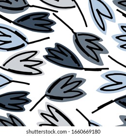 Seamless floral pattern for surface design and other design projects. Outlined flowers in blue and gray palette on white background. Spring concept