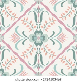 Patrón floral sin fisuras con adorno botánico simétrico en tonos pastel suaves estilo vintage romántico para el embalaje textil de Fondo de pantalla y Diseño web