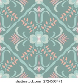 Nahtloses Blumenmuster mit symmetrischem botanischem Ornament auf stumpfem grünem Hintergrund, vintage-eleganter Stil für textile Tapeten und Innenausstattung