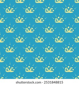 Seamless floral pattern with symmetrical botany motifs on blue background with dotted accents in a traditional decorative style. Vector illustration for textile, wallpaper