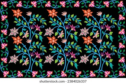 Seamless floral pattern with tantuja textile print design. Flower leaves, floral bouquets, drawing illustration