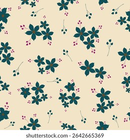Seamless floral pattern with teal green flowers on beige background. ideal for textiles, packaging, wallpaper and stationery.