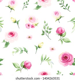Nahtlose Blumenmuster mit zarten rosa Rosen und grünen Blättern auf weißem Hintergrund. Vektorgrafik im Aquarellstil.