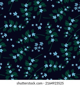 Seamless floral pattern for textile, contrasting, leaves small flowers on a dark background, elegant vector for fabric design.