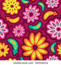 Seamless Floral Pattern for Textile Design. Abstract Vector Background. Mix of Flowers on Purple