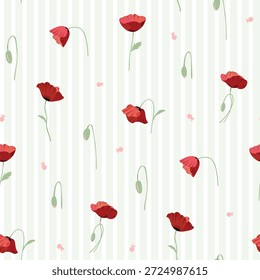 Patrón floral sin costuras, patrón textil, impresión de tela en estilo floral rojo sobre fondo de rayas, floral atemporal, flor de color suave. diseño de superficie para textiles para el hogar, patrón de Fondo de pantalla, diseño listo para imprimir.