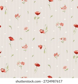 Patrón floral sin costuras, patrón textil, impresión de tela en estilo floral rojo sobre fondo de rayas, floral atemporal, flor de color suave. diseño de superficie para textiles para el hogar, patrón de Fondo de pantalla, diseño listo para imprimir.