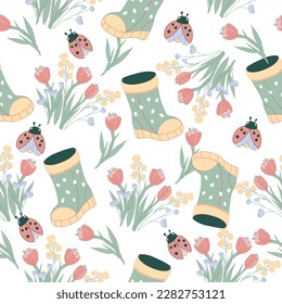 Seamless floral pattern or textile print design with tulip flowers and rubber welly boots, hand drawn vector illustration. Seamless pattern summer print with wellies boots, ladybug and flowers.