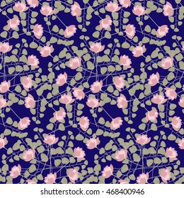 Seamless floral pattern for textiles, fabrics, wall-coverings. Seamless pattern of summer flowers and leaves for fabrics, wallpaper, interior. Delicate colors flowers on dark blue background. Vector.