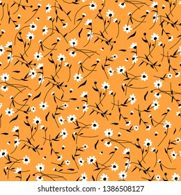 Seamless floral pattern for textiles and paper. Small white flowers on orange background.