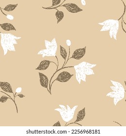 Patrón floral sin foco con plantas de arte decorativo textural. Impresión cutánea, delicado diseño de fondo botánico con flores dibujadas a mano, hojas sobre ramas. Ilustración vectorial.