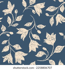 Seamless floral pattern with textural silhouettes of plants: white flowers branches, leaves on a blue background. Simple flower surface design, botanical print in a folk style. Vector illustration.