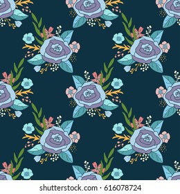 Seamless floral pattern texture. All over wallpaper print of art nouveau style hand-drawn floral arrangements in shades of blue, pink, cream, green and orange on dark teal blue background