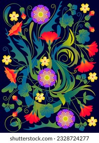 Seamless floral pattern texture or background. Bright contemporary modern expressive trendy style. Handmade drawing vector illustration.