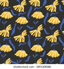 Seamless floral pattern with texture on dark background. Bright vector illustration with yellow flowers and blue leaves. Great for cover design, scrapbooking, patchwork.