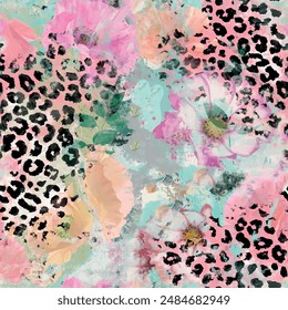 Seamless floral pattern with textured abstract wild animal leopard skin background elements in pink, yellow, blue, green and black. Flower and leaf pattern wallpaper design vector