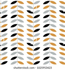 Seamless floral pattern with textured twigs and leaves in retro scandinavian style.