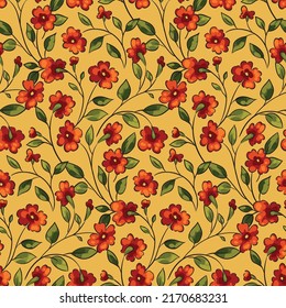 Seamless floral pattern with thin branches in vintage style. Elegant ditsy print, feminine botanical background with small hand drawn plants, red flowers, leaves on branches. Vector illustration.