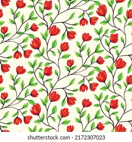 Seamless floral pattern with thin flowers branches on a white field. Cute ditsy print, liberty botanical background with small hand drawn flowers, tiny leaves on twigs. Vector illustration.