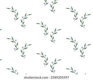 Seamless floral pattern with thin green Branches and tiny Blue Flowers. Hand-drawn botanical texture for textile, wrapping, wallpaper. Minimal elegant flat vector illustration. 
