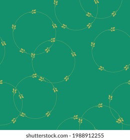 Seamless floral pattern with thin round wreaths. Yellow silhouettes on green background.