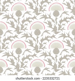 
Seamless floral pattern with thistle. Ornamental background with flowers and leaves.