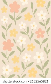 Um padrão floral sem emenda com três tipos de flores minimalistas em tons suaves rosa-pêssego, amarelo quente e esbranquiçado, complementado por folhas verdes sábias em um fundo bege.