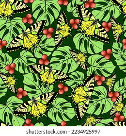 Patrón floral sin soldadura con mariposas de cola tortuosa de tigre y hojas de monstera con bayas huecas ilustración vectorial 