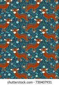 Seamless floral  pattern with tigers