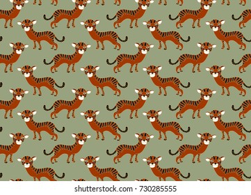 Seamless floral  pattern with tigers on green background