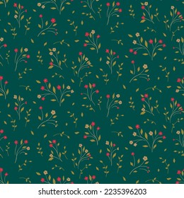 Seamless floral pattern with tiny hand drawn plants in vintage style. Elegant ditsy design, liberty flower print with small flowers, branches, mini leaves on dark green background. Vector illustration