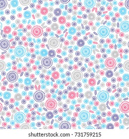 Seamless floral pattern. Tiny petals and leaves on a white background. Background in the style of polka dot. Vector illustration.