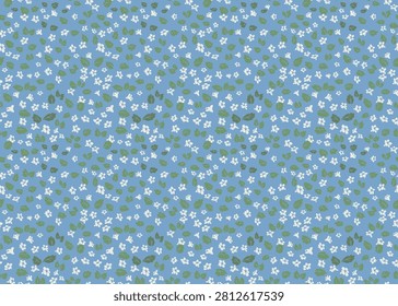 Seamless floral pattern with tiny white blossoms and green leaves on a soft blue background. Ideal for fabric, wallpaper, wrapping, stationery and delicate spring branding