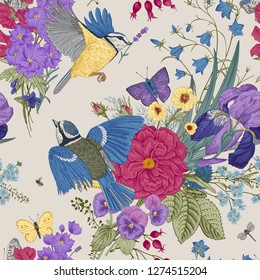 Seamless floral pattern. Tits, flowers, butterflies. Vector vintage botanical illustration. 