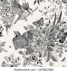 Seamless floral pattern. Tits, flowers, butterflies. Vector vintage botanical illustration. Black and white