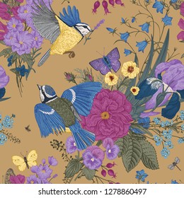 Seamless floral pattern. Tits, flowers, butterflies on a gold background. Vector vintage botanical illustration. 

