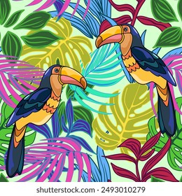 Seamless floral pattern with toucans and rainforest. Vector illustration 