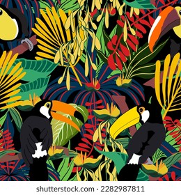 Seamless floral pattern with toucans in tropical rainforest vector illustration 