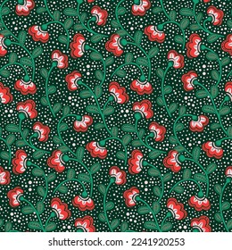 Seamless floral pattern in traditional folk style. Decorative art botanical print, flower background with hand drawn plants decorated with dots: small flowers, leaves on branches. Vector illustration.
