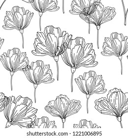 Seamless floral pattern with transparent flowers. Black ink lines on white background. Vector art illustration. Botanical hand drawn background. Monochrome texture for wallpaper, banner, poster, flyer