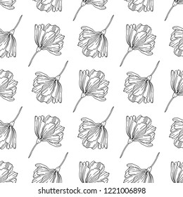 Seamless floral pattern with transparent flowers. Black ink lines on white background. Vector art illustration. Botanical hand drawn background. Monochrome texture for wallpaper, banner, poster, flyer
