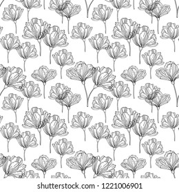 Seamless floral pattern with transparent flowers. Black ink lines on white background. Vector art illustration. Botanical hand drawn background. Monochrome texture for wallpaper, banner, poster, flyer