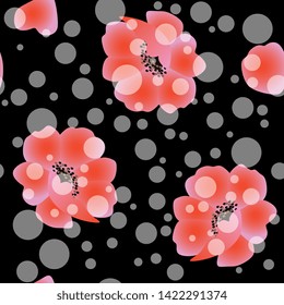 Seamless floral pattern with transparent polka dot ornament on black background with red poppy flowers. Print for fabric.