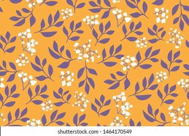 Seamless floral pattern with tree branches and small white flowers on a rich yellow background. Abstract Botanical texture, trendy print, Wallpaper... Hand-drawn vector illustration.