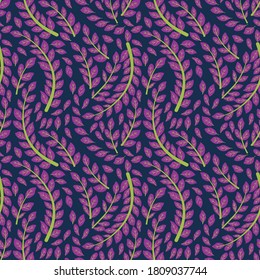 Seamless floral pattern with tree branches and small pink flowers on dark green background. Vintage Botanical print, Wallpaper, fashion template.