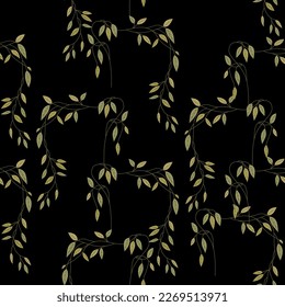 Seamless floral pattern with tree branches. Delicate vines with green leaves on black background.