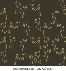 
Seamless floral pattern with tree branches. Delicate vines with green leaves on dark brown background.