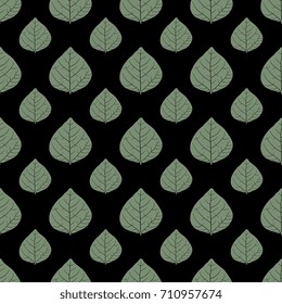 Seamless floral pattern with tree leaves. Olive green silhouettes on black background.