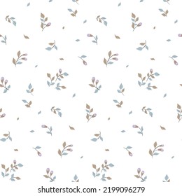 Seamless floral pattern, trendy botanical print with rustic motifs. Abstract composition of small twigs with flowers and leaves on a white background. Vector illustration.